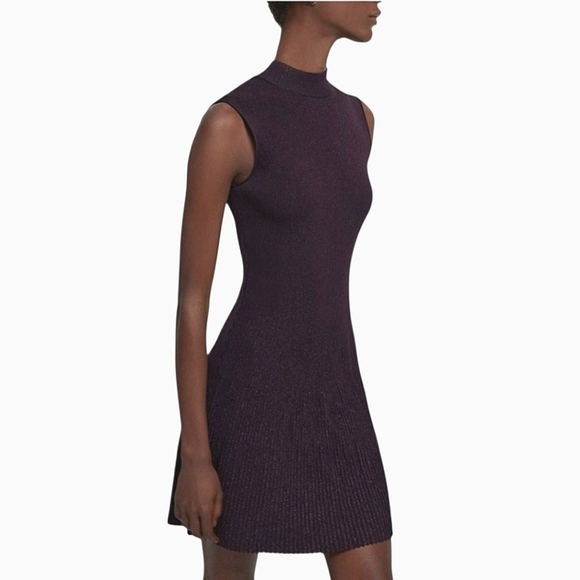 THEORY Cutout Metallic Ribbed Knit Fit-and-Flare Sleeveless Dress In Merlot - Picture 1 of 16
